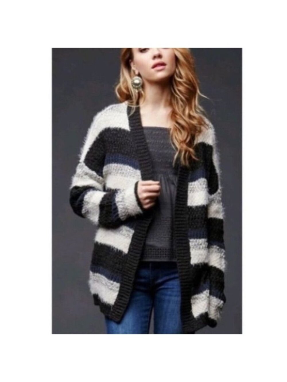 House Of Harlow Striped Black Blue Beige Gray Relaxed Knit Cardigan OS